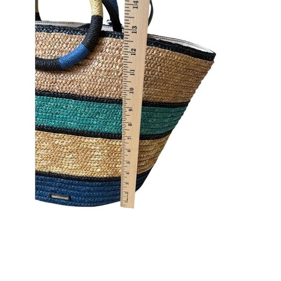 Rebecca Minkoff Woven Straw Tote Shoulder Bag Tan Blue Teal - Picture 9 of 15